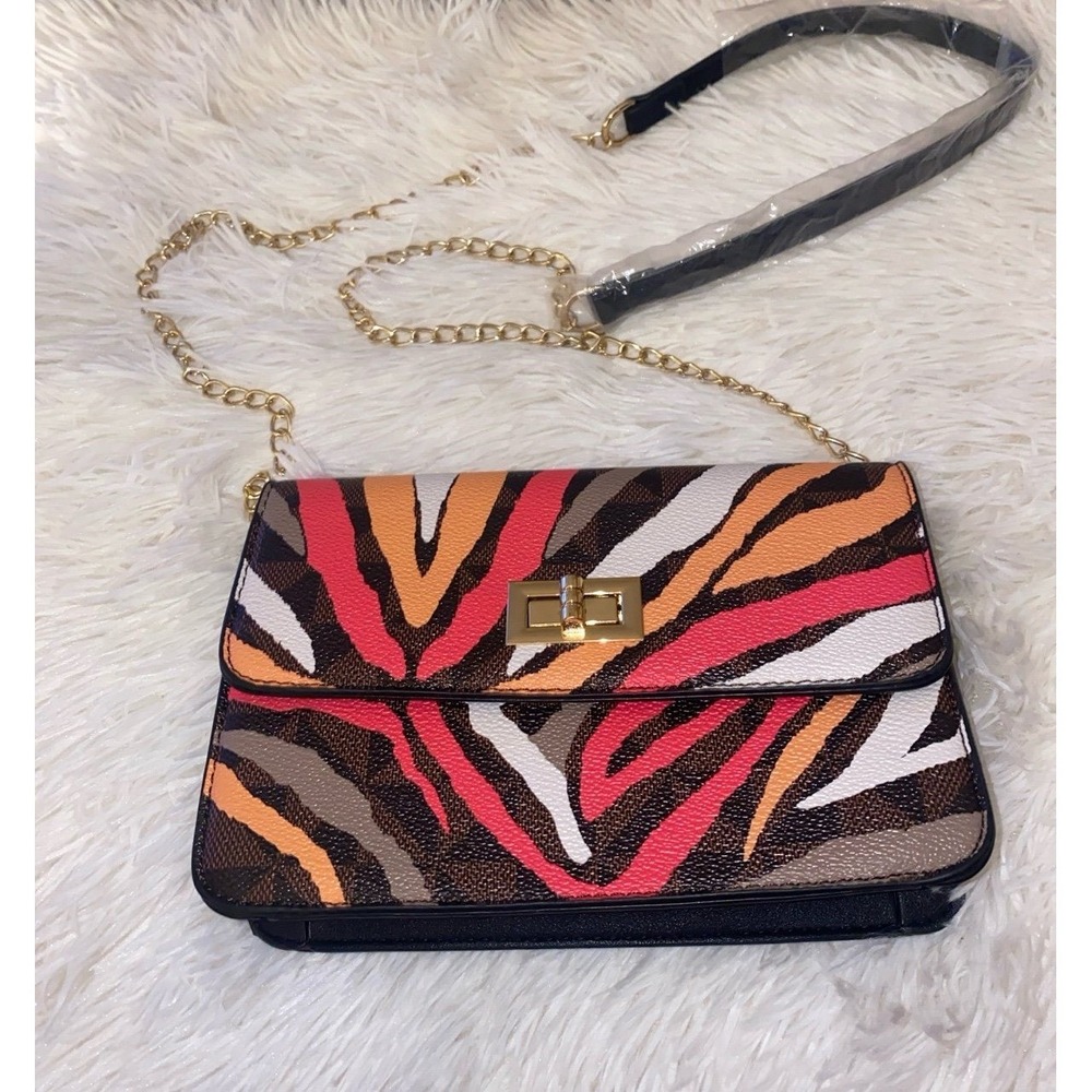 Vibrant Multi-Color Zebra Print Crossbody Bag with Gold Chain